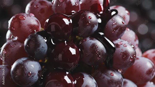 Stylized cinematic shot of dark purple grape juice slowly oozing and dripping down the texture of a cluster of mature cabernet grapes slowly oozing, vitis vinifera, winemaking