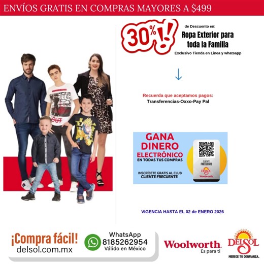👀🔥 Esto es justo lo que estabas buscando Del Sol y Woolworth con 30% de descuento en ropa exterior 🧥, interior 👚 y pijamas 🤩 para toda la familia 👨‍👩‍👧‍👦 🛒 Haz tu compra por WhatsAp | Del Sol Parque La Paz
