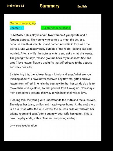 | A Matter of Husband summary | neb class 12 English| #suraazeducation