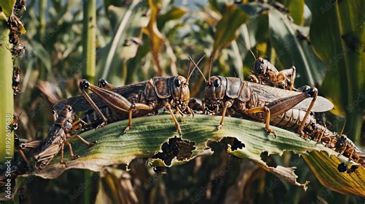 Destructive locust swarm invading a cornfield