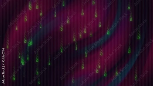 Binary glyphs spawning at top, falling and flickering, forming code-rain over magenta-teal backdrop