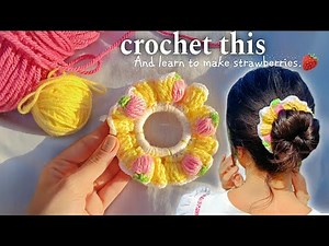 Crochet scrunchie tutorial for beginners/ how to crochet strawberry scrunchie