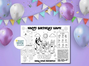 Blue Pup Birthday Activity Placemat – Printable Coloring Page – US Letter & A4 – Name Personalization – Instant Download - Etsy