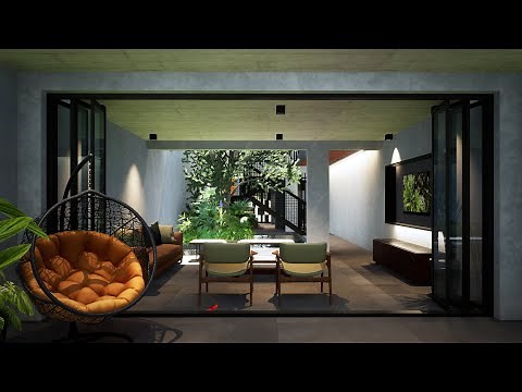 Narrow 3 Bed Small Tropical Courtyard House Design | with Pond