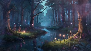 A serene forest scene at dusk with a stream, glowing flowers, and a pink-hued sky peering through the silhouette of trees.