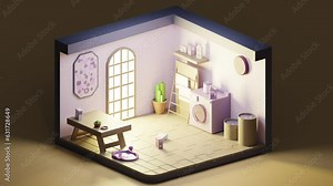 3D animation loop low poly of laundry room painted violet, isometric view