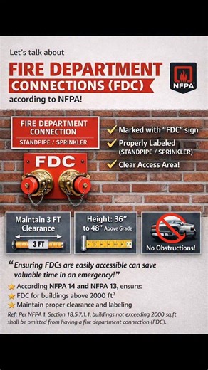 Fire-Engineering on Instagram: "Fire Department Connections (FDC) play a critical role in ensuring rapid and effective fire response in buildings. According to NFPA guidelines, FDCs must be clearly marked, properly labeled for standpipe or sprinkler use, and kept accessible with no obstructions. Clearance requirements of at least 3 feet and installation height between 36" to 48" above grade are essential to align with NFPA 13 and NFPA 14 standards. It's important to note that FDCs may be omitted