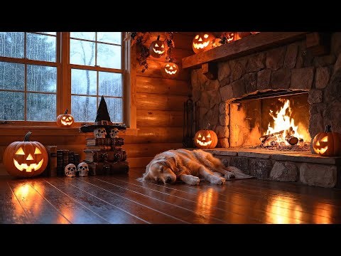 Halloween Cozy Cabin Fireplace Ambience – Crackling Fire & Rain Sounds for Relaxation & Sleep 🎃🌧🔥