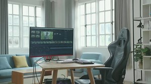 Desktop Computer Showing Video Editing Next To The Notebook Is On A Table With A Chair In The Working Room At Home. | Premium Stock Video Footage