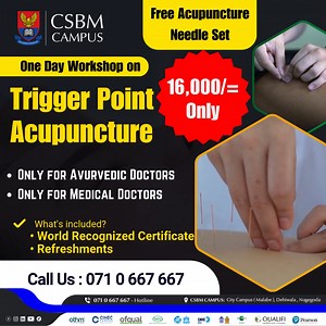 🌿✨ Unlock the Power of Trigger Point Acupuncture! ✨🌿 Join our exclusive one-day workshop designed exclusively for Ayurvedic Doctors and Medical Doctors. Discover the art and science of trigger point acupuncture and elevate your practice to the next level! 📅 Date: 29th March 2025 ⏰ Time: 9:30 AM - 4:00 PM 💰 Price: LKR 16,000 (includes a FREE Acupuncture Needle Set!) 🎓 What’s Included? ✅ World-Recognized Certificate 🍹 Refreshments 🛠️ Practical Training 🔖 Limited seats available! Reserve yo