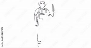 Self drawing line animation male farmer holding pitchfork continuous one single line drawn concept video