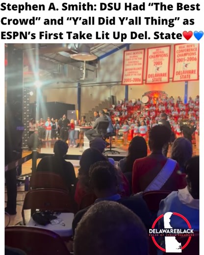 ESPN’s First Take brought the heat to Delaware State University! ♥️💙 Stephen A. Smith, Cam Newton, and the crew took over the campus with unmatched HBCU energy, school pride, and pure Hornet power! 💪🏾🔥 Stephen A. Smith gave major props to the Hornets, calling DSU “the best crowd” and saying “y’all did y’all thing!” 💪🏾🙌🏾 The Hornets showed up and showed OUT — history was made at Del State! Thank you First Take and ESPN for showing love to HBCUs and making it a moment we’ll never forget. �