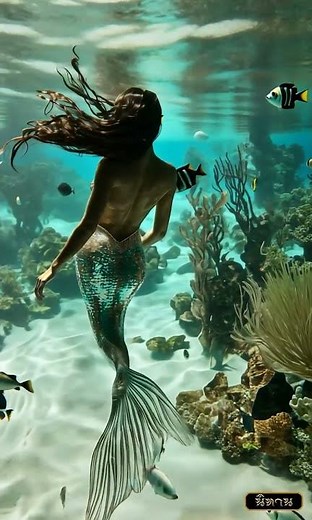A stunningly realistic mermaid swimming gracefully underwater in a crystal-clear ocean #mermaild