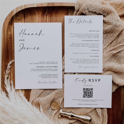Minimal Script Wedding Suite Template, Wedding Invitation Bundle With Rsvp Qr Code, Modern Invite Set Digital Download, HA1 - Etsy