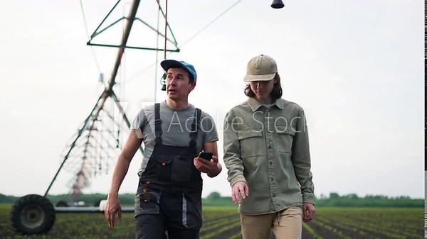 Agriculture. Irrigation watering corn field. Green sprouts of corn on farm. Worker with farmers are walking along corn field. Watering machine works in corn field. Irrigation system on farm. Teamwork