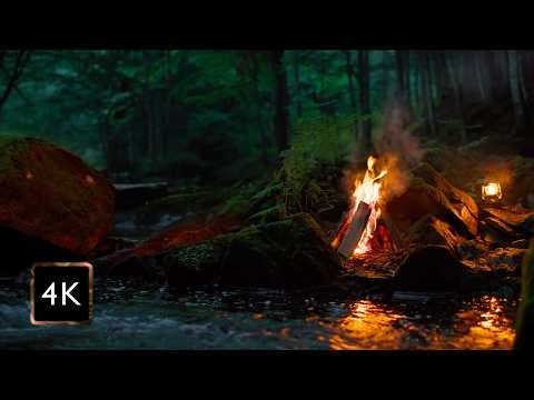 Real Campfire by the Night River — Hidden between Ancient Forest Rocks | Soothing Nature (4K)