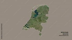 Zeeland, province of Netherlands, with its capital, localized, outlined and zoomed with informative overlays on a satellite map in the Stereographic projection. Animation 3D