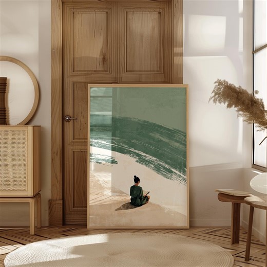 Woman Reading Beach Illustration Coastal Sage Green Minimalist Wall Art (digital Download) - Etsy