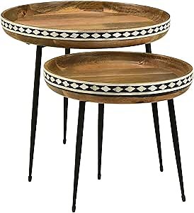 Benjara 2 Piece Nesting Tables with Inlaid Bone Detail Design, Mango Wood, Brown and Black