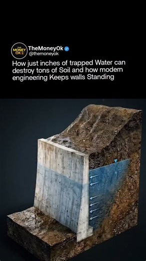 The Money Ok on Instagram: "A few inches of trapped water can unleash more force than tons of soil—and that’s what really destroys retaining walls. ⚠️🧠 This visualization reveals the hidden culprit behind wall failures: hydrostatic pressure. When rainwater builds up behind a wall with nowhere to go, pressure rises exponentially, causing cracks, tilting, or even complete blowouts. Modern retaining walls survive by turning water from a destructive force into a manageable one. Gravel backfill crea