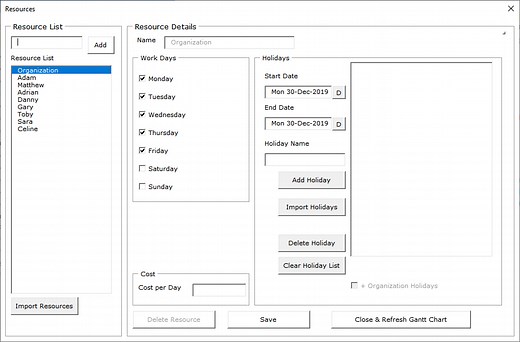 Resources - Gantt Excel