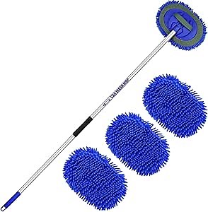 63” Long Handle Car Wash Brush Microfibre Extendable Cleaning Mop Mitt for Caravan Truck Van Tyre Window Wheel Roof 2 in 1 Interior Duster Remover Scratch Free Clean Product 3 Replacement Head