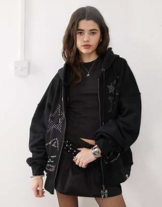 Minga London ASCII cat studded zip up hoodie in black | ASOS
