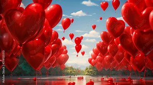 Painting of Red Balloons Floating in the Air, A Joyful and Vibrant Piece of Art, Endless sea of red heart balloons set loose in celebration of love, AI Generated