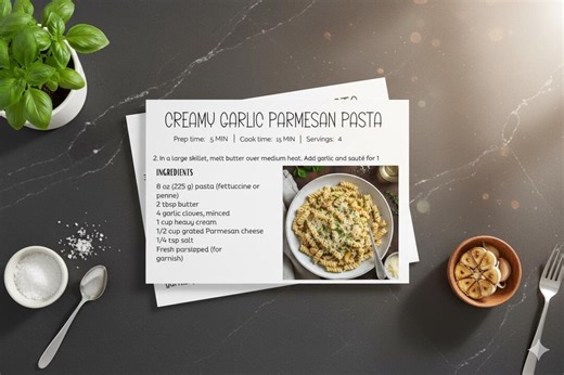 Editable Creamy Pasta Recipe Card Template: Modern Food Design (canva, 4x6, 2-page) - Etsy