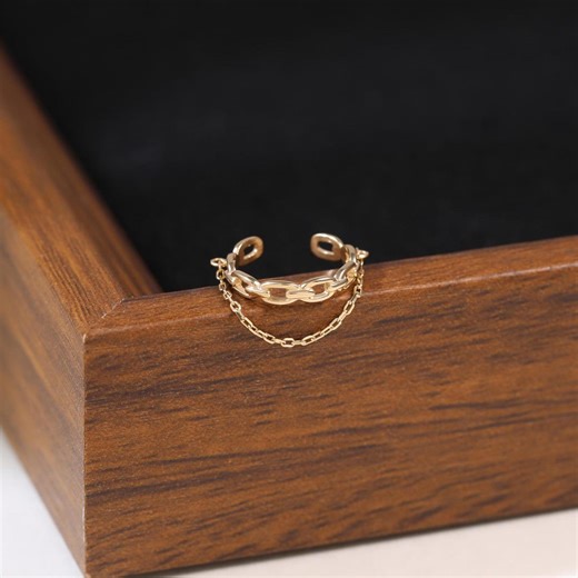 14K Solid Gold Dangle Chain Cuff Piercing, Hinged Conch Ear Cuff Earrings, Link Shaped Fake Hoop Piercing - Etsy