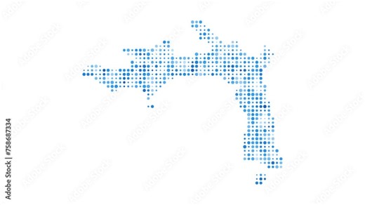 Peter Island dotted digital map. Map of Peter Island with pulsating colored circles. Border shape filled with blue disks. Authentic video.