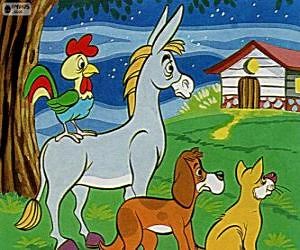 Puzzles de Los músicos de Bremen: un burro, un perro, un gato y un gallo rompecabezas para imprimir