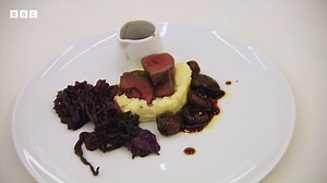 18K views · 457 reactions | See how to prepare a pan-roasted venison with braised red cabbage, mashed potato, glazed chestnuts and a red wine port and chocolate sauce. For dessert, a lemon grass souffle with mango sorbet! | MasterChef UK | Facebook