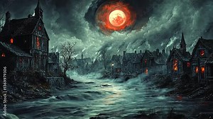 Haunted gothic village by a river under a blood moon. Possible use for horror, fantasy, or Halloween posters