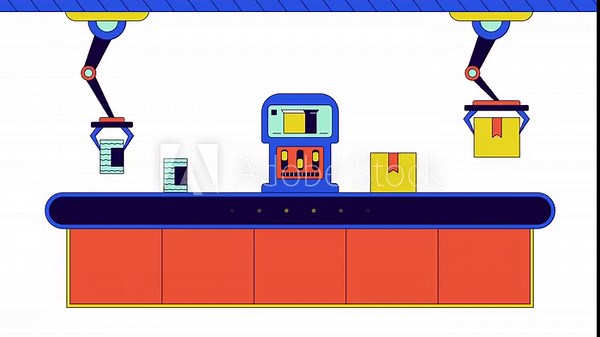 Factory assembly line boxes line cartoon animation. Packaging robotic arms 4K video motion graphic. Canned food manufacturing automation 2D linear animated scene isolated on white background Stock Video