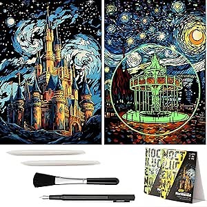 2 Pack Noctilucent Scratch Art Rainbow Painting Paper - Large Canvas 16"x 11.2", ASMR Scratch Set (Satisfying), Relaxing Scratchboard Creative Craft Set for Teens, Adults (Castle/Amusement Park)