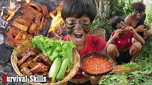 Survival Skills Primitive - Cooking pork rib on a rock eating for dinner | Fresh Cook