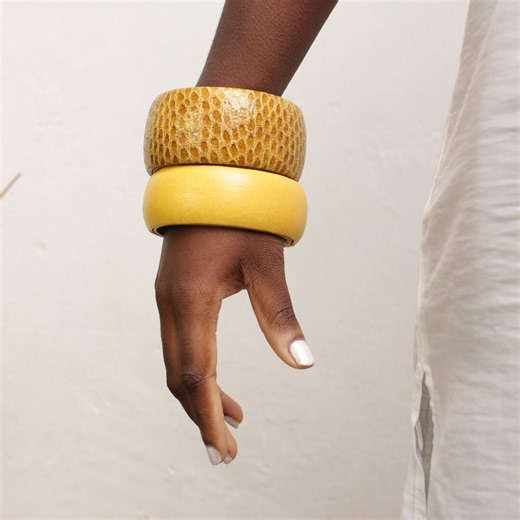 Chunky Wood Bracelet Set: Python Print Leather, African Inspired - Etsy