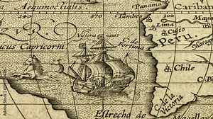 Old Map of Magellan Strait and Mythical Sea Creature. 16th Century South American Coast and Capricorn