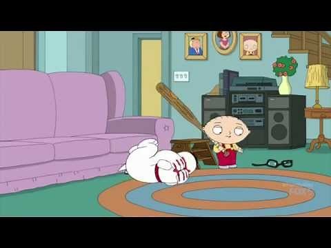 Stewie hits Brian in the face with a baseball bat