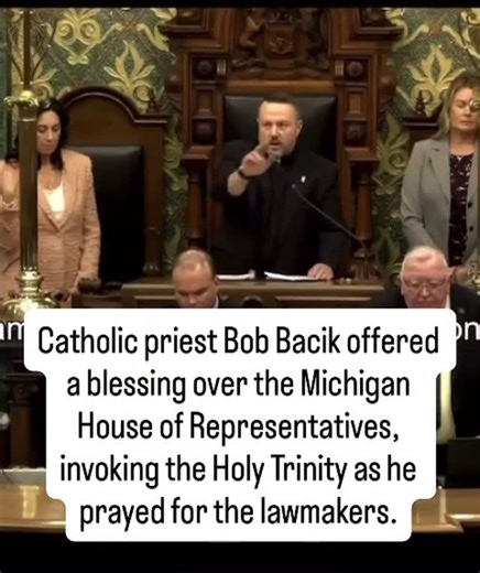 Sachin Jose Ettiyil on Instagram: "Catholic priest Bob Bacik offered a blessing over the Michigan House of Representatives, invoking the Holy Trinity as he prayed for the lawmakers."
