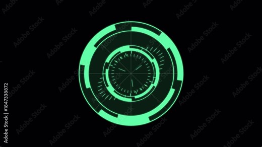 Futuristic Green HUD Interface Element with Concentric Circles and Digital Data.