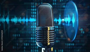 old-fashioned broadcasting microphone used in voice over recordings or radio station shows on digital background