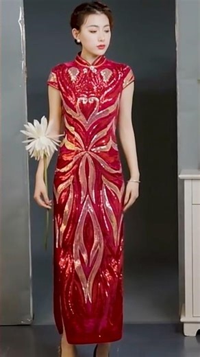 Red Velvet Sequins Slim Fit Improved Qipao Dress Vintage Banquet Gown