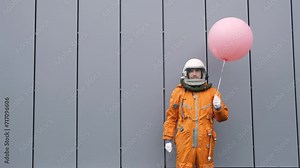 Astronaut wearing space suit with helmet holding helium balloon outdoors. Surreal concept