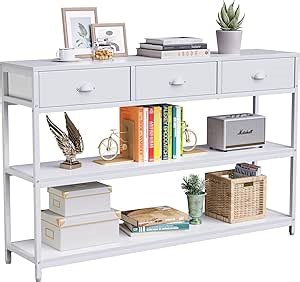 Furologee White Long 47" Console Sofa Table with 3 Drawers, Entryway Table with 3-Tier Storage Shelves, Display Shelf for Entry Way, Hallway, Couch, Living Room, Kitchen, Foyer