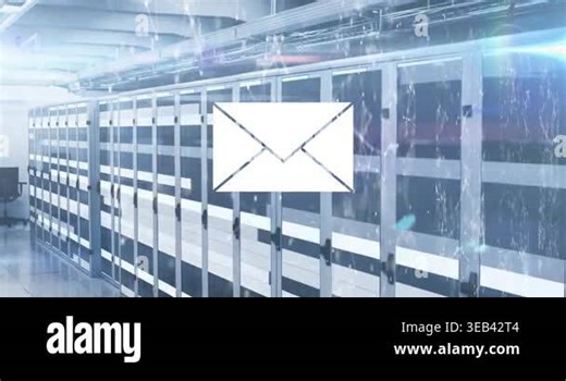 Animation of live count on envelope with geometric shape and lens flare over server room. Digital composite, multiple exposure, communication, data center, networking, technology concept Stock Video Footage - Alamy