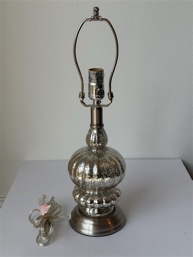 Mercury Glass Table Lamp, Crackle Silvered Glass, Brushed Nickel Base, Glam Modern Farmhouse Lighting, Bedroom Nightstand Lamp