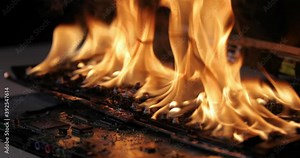 Laptop burning in flames on a desk, fire hazard. losing valuable data, closeup