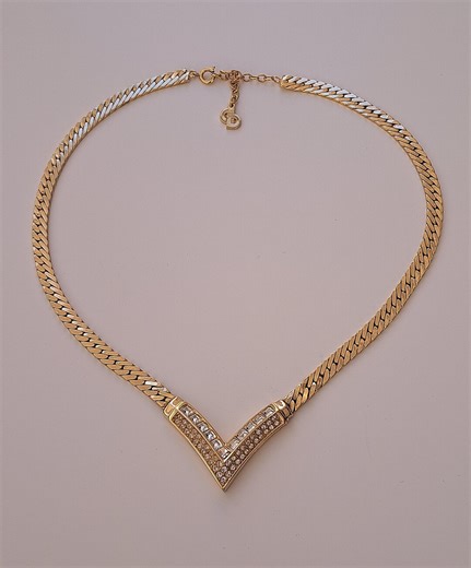 Christian Dior Vintage Choker Necklace 1980's Gold Diamante V Design. Signed Chr.dior in Original Box - Etsy